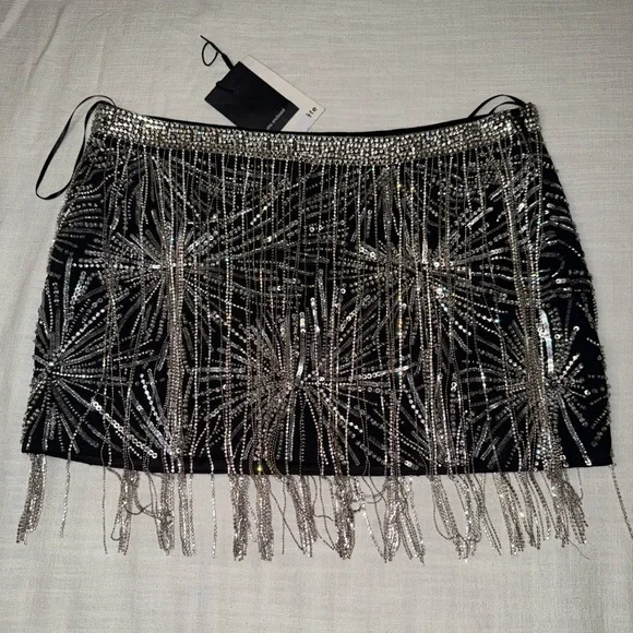 Retrofete Beatrix Fringe Embellished Silver Black Sequin Sparkly Mini Skirt - Picture 8 of 14